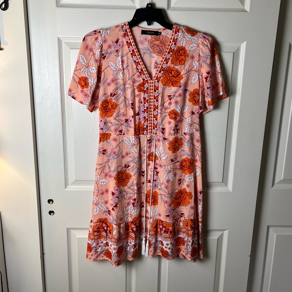 Floral V-Neck Pink & Orange Dress